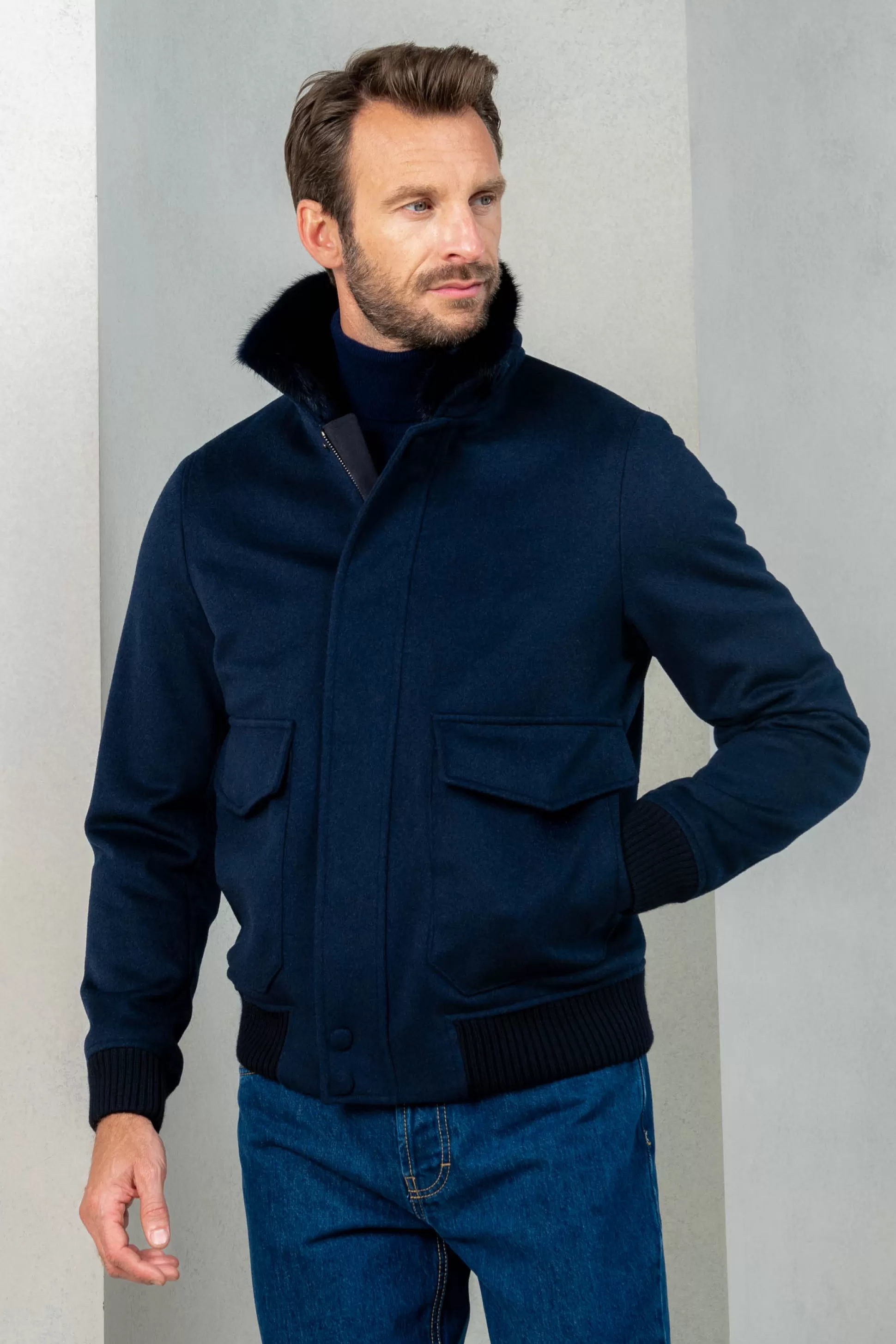 Blue Short Coat With Removable Shearling Collar – Made In Italy | Pini Parma Store