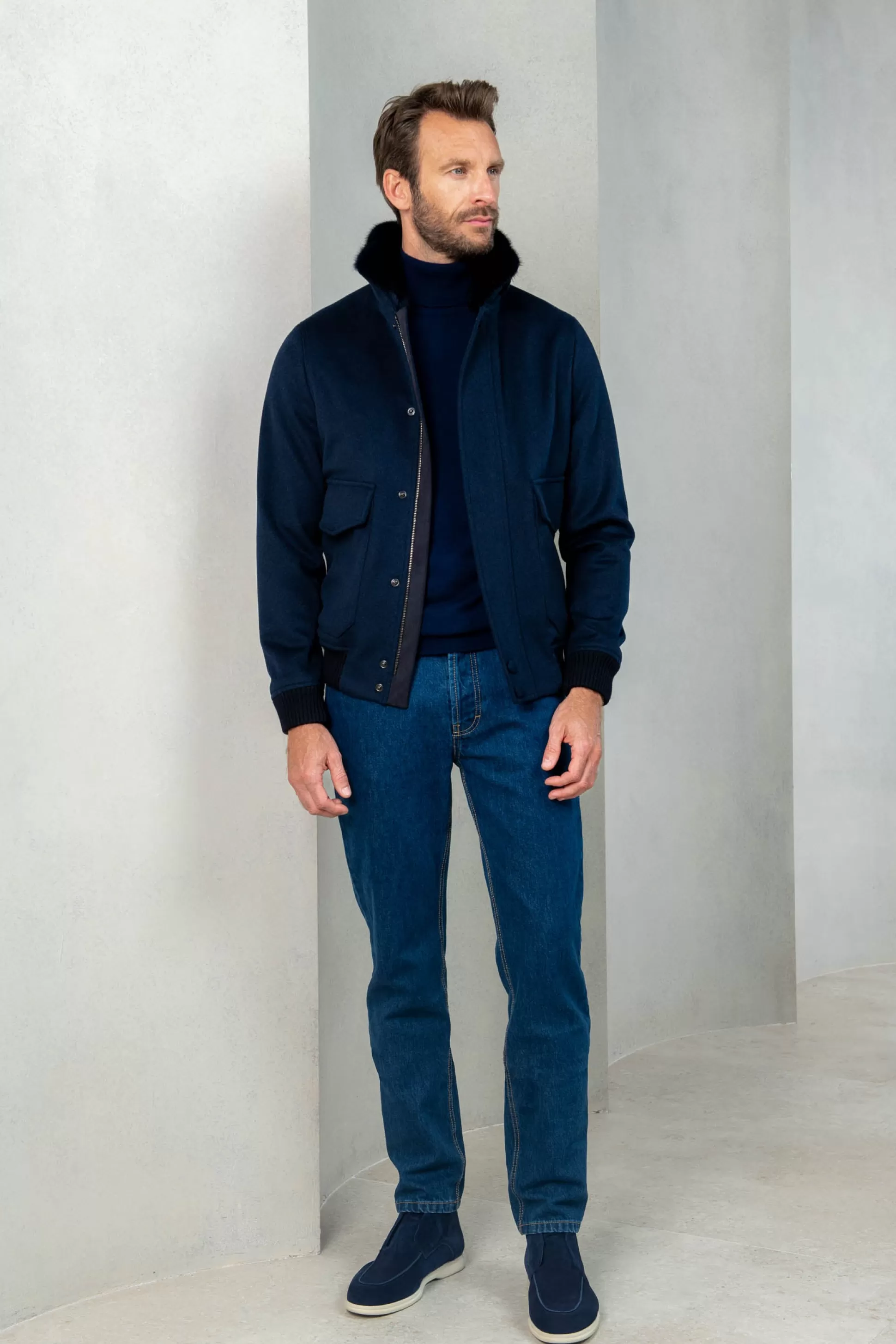 Blue Short Coat With Removable Shearling Collar – Made In Italy | Pini Parma Store