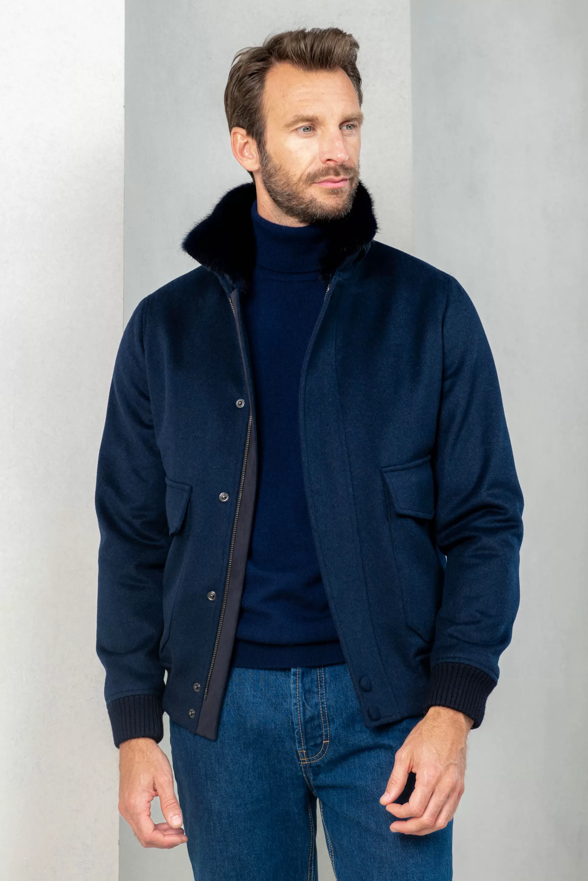 Blue Short Coat With Removable Shearling Collar – Made In Italy | Pini Parma Store