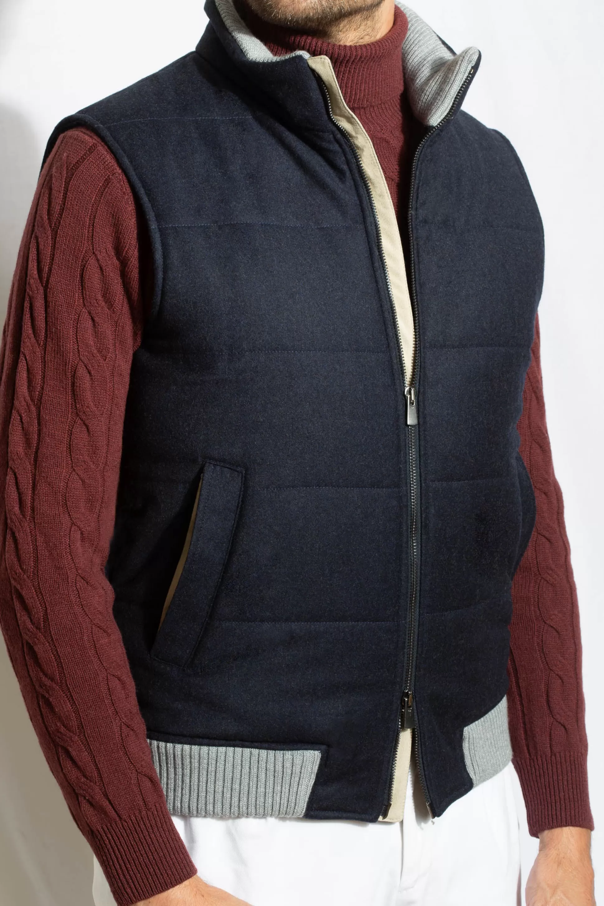 Blue Vest With Zip In Loro Piana Wool With Rain System®– Made In Italy | Pini Parma Discount