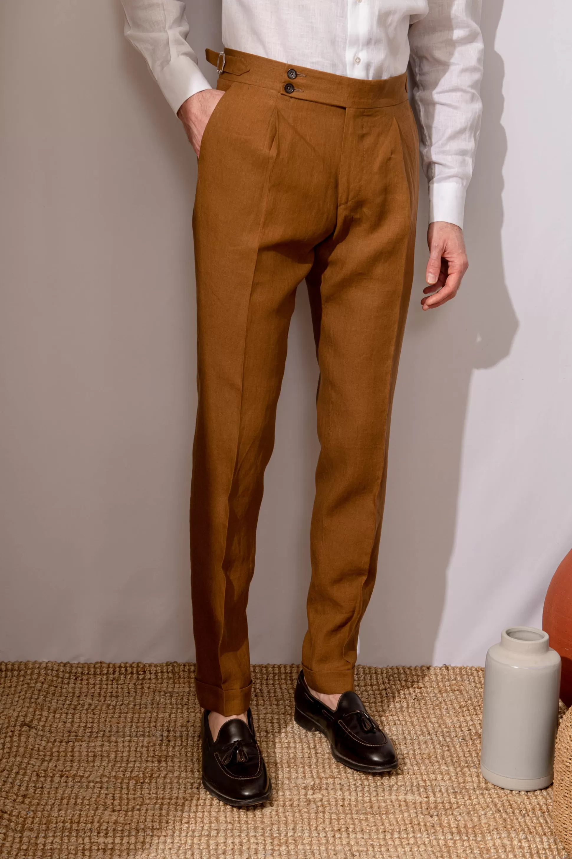 Curry Linen Trousers "Soragna Capsule Collection" - Made In Italy | Pini Parma Sale