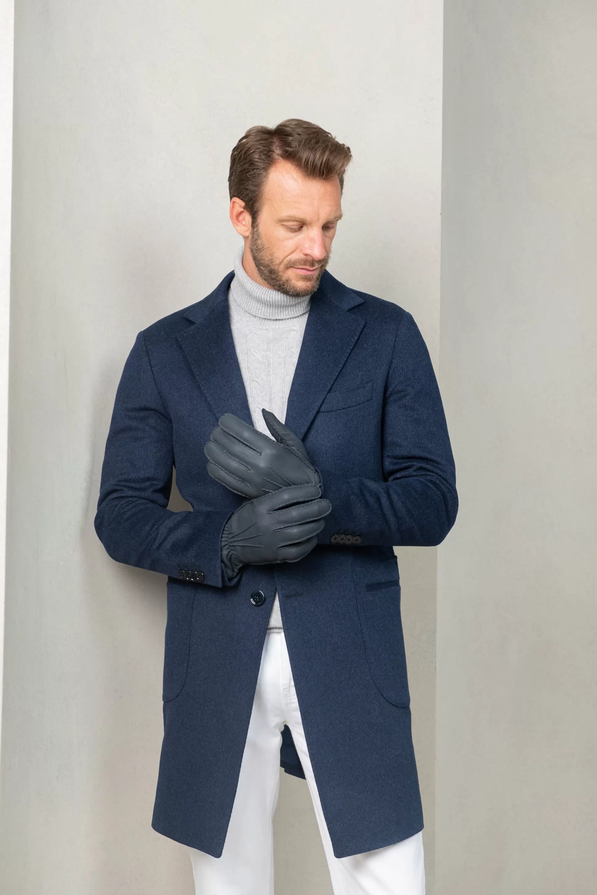 Dusty Blue Cashmere Lined Deerskin Leather Gloves - Made In Italy | Pini Parma Shop