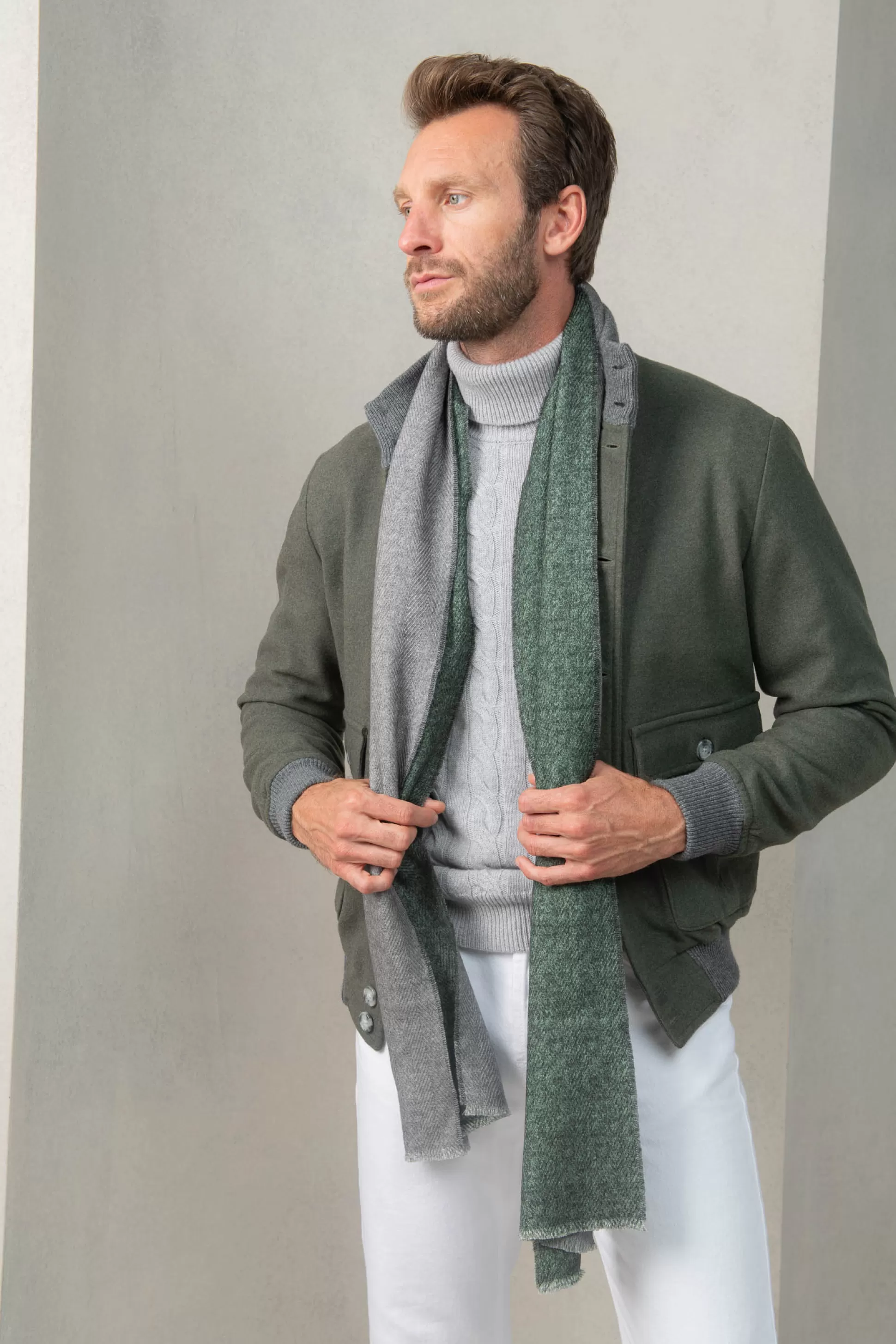 Grey And Green Reversible Herringbone Scarf - Made In Italy | Pini Parma Best Sale