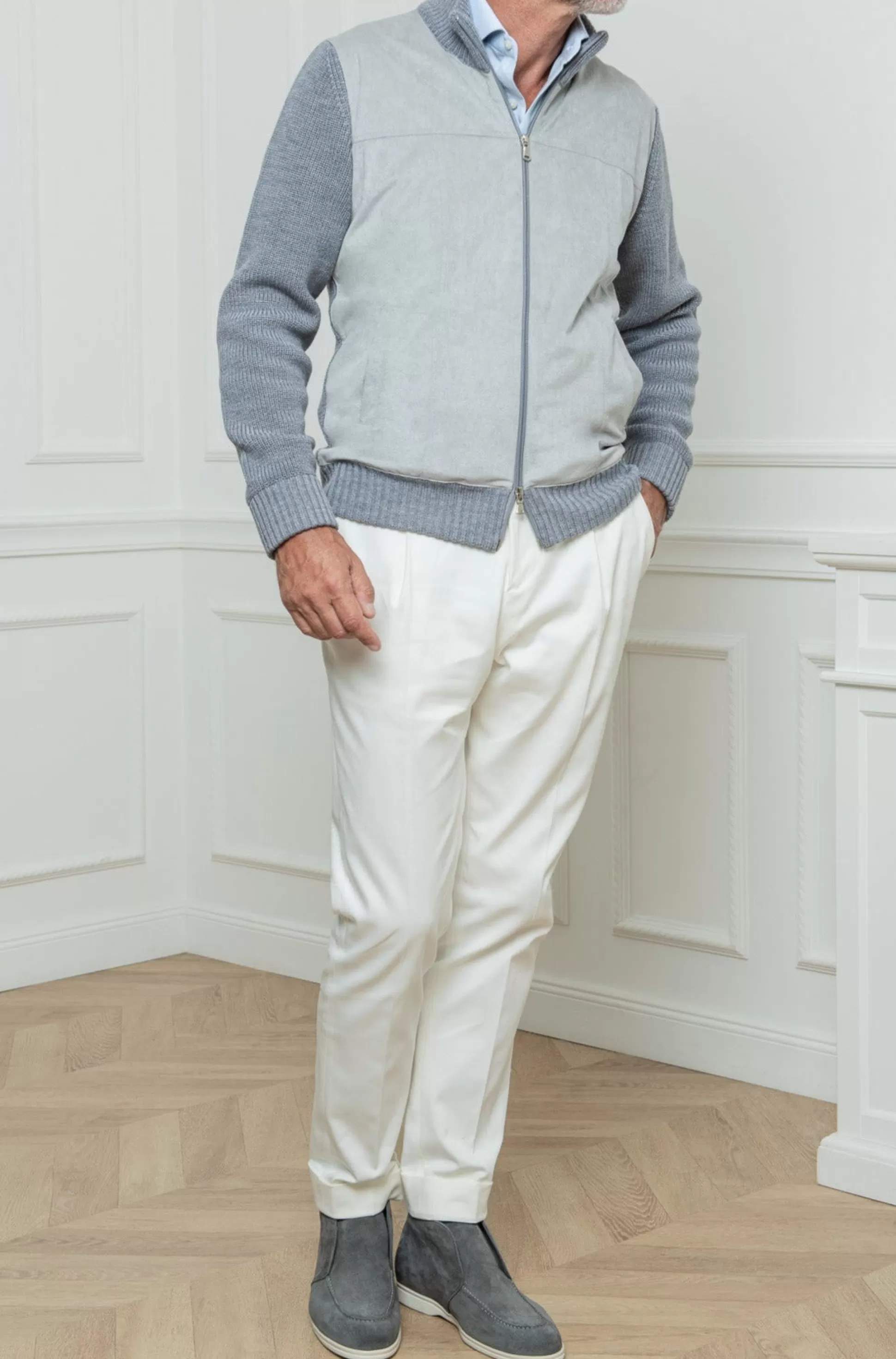 Grey And Light Grey Cardigan - Alcantara & Wool - Made In Italy | Pini Parma Hot