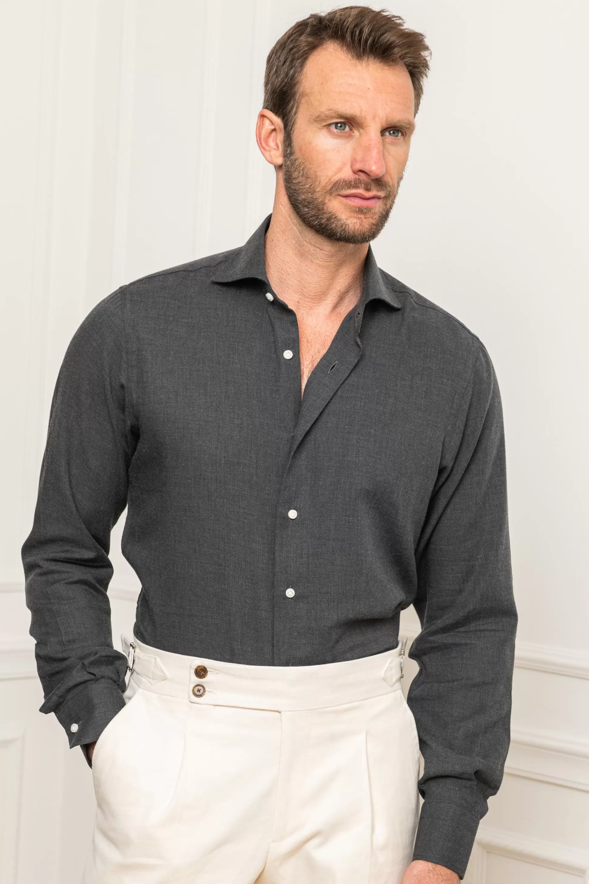 Grey Cashmere And Cotton Shirt - Made In Italy | Pini Parma Hot