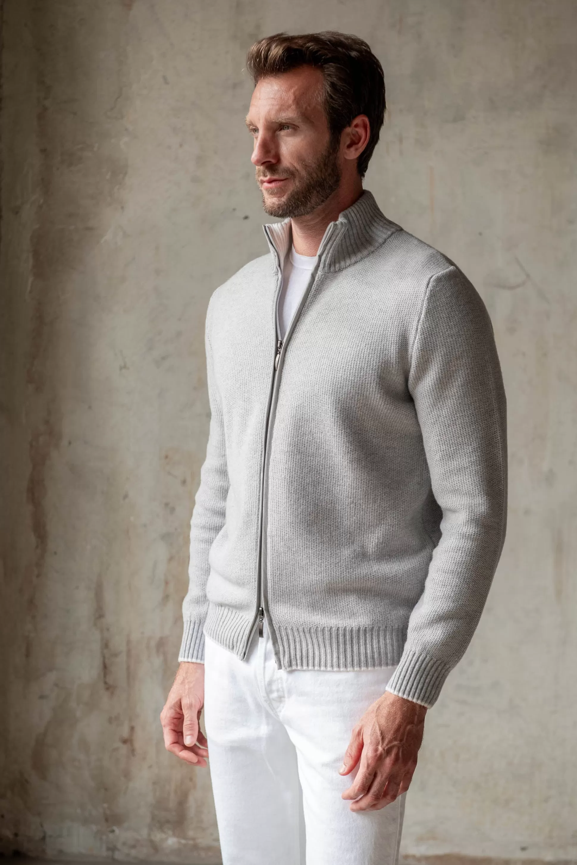 Grey Honeycomb Cashmere Blend Full Zip – Made In Italy | Pini Parma Discount