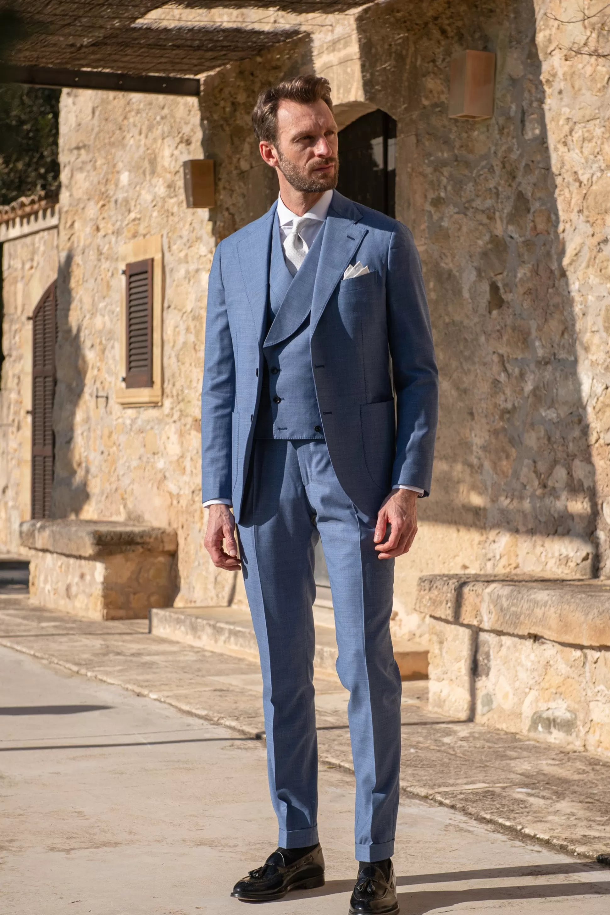 Light Blue Double Breasted Waistcoat "Made To Order" - Made In Italy | Pini Parma Cheap