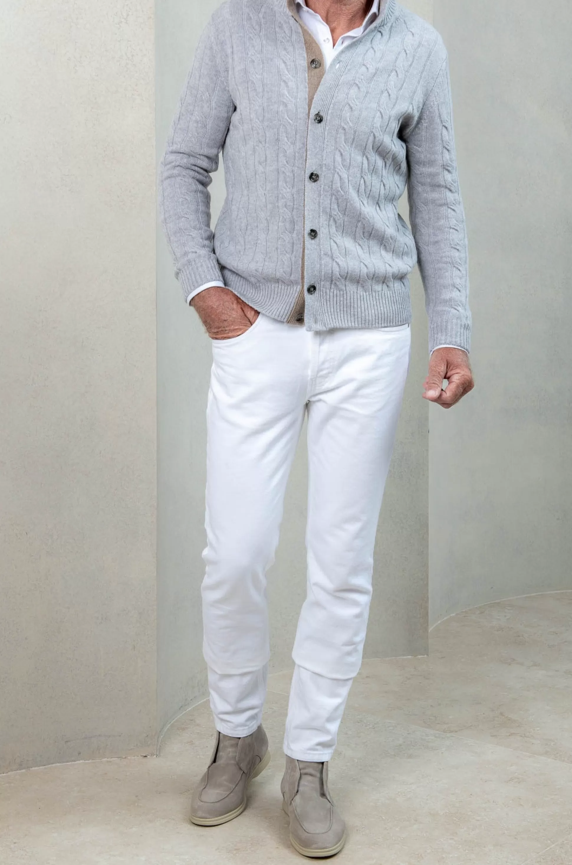 Light Grey Cable Knit Cashmere Blend Cardigan – Made In Italy | Pini Parma Store
