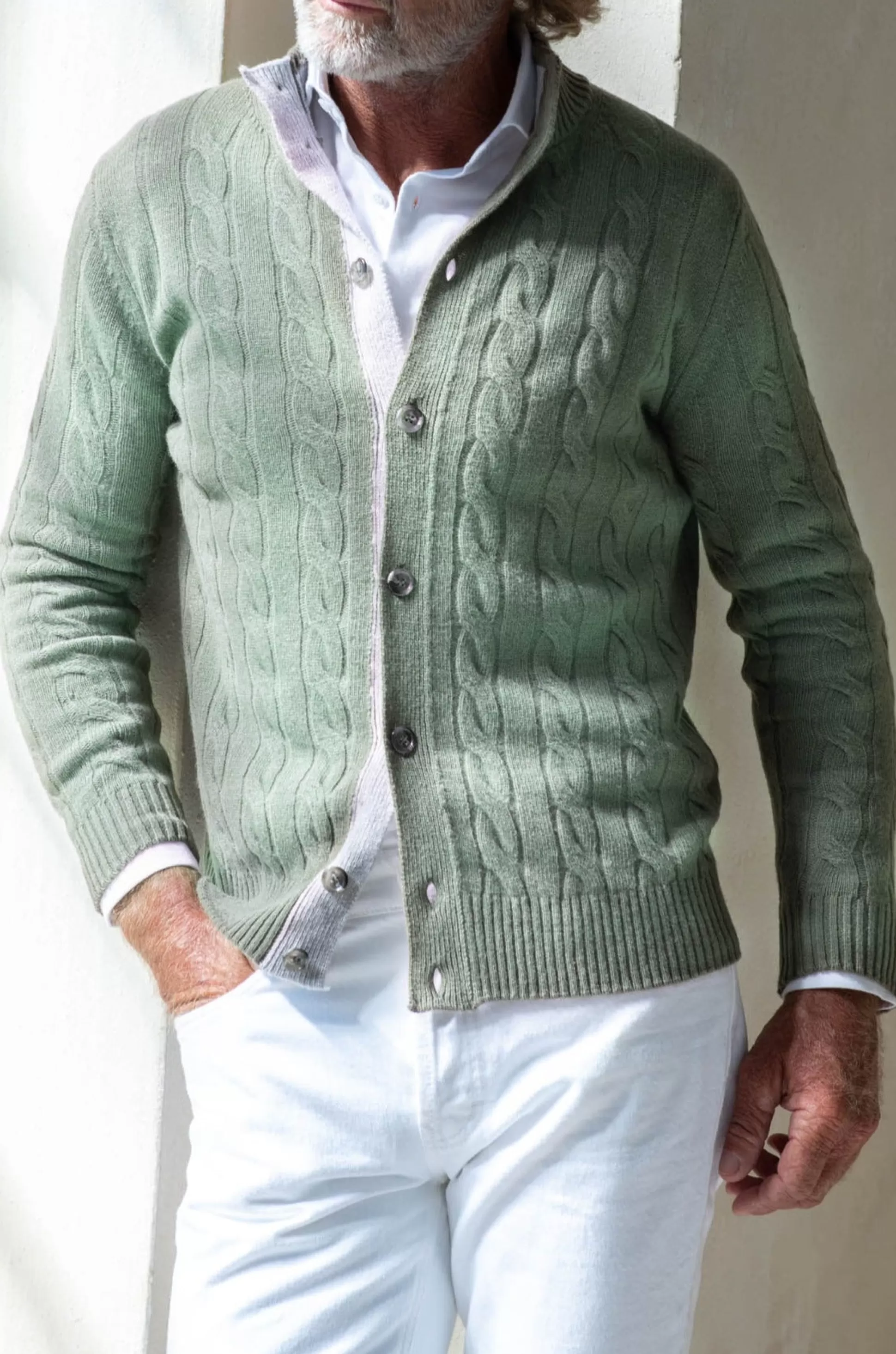 Sage Cable Knit Cashmere Blend Cardigan – Made In Italy | Pini Parma New