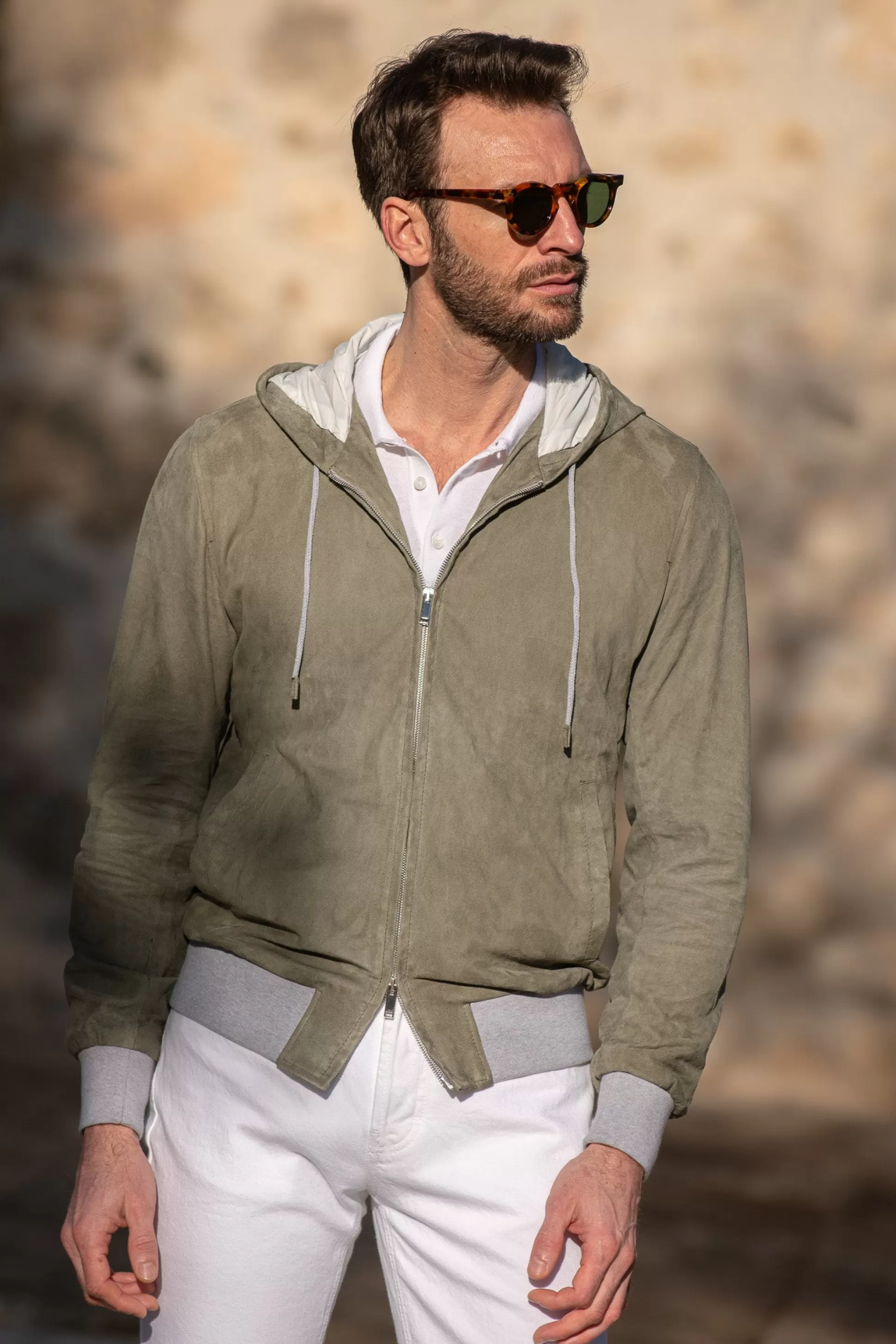 Sage Suede Hooded Bomber Jacket – Made In Italy | Pini Parma Fashion