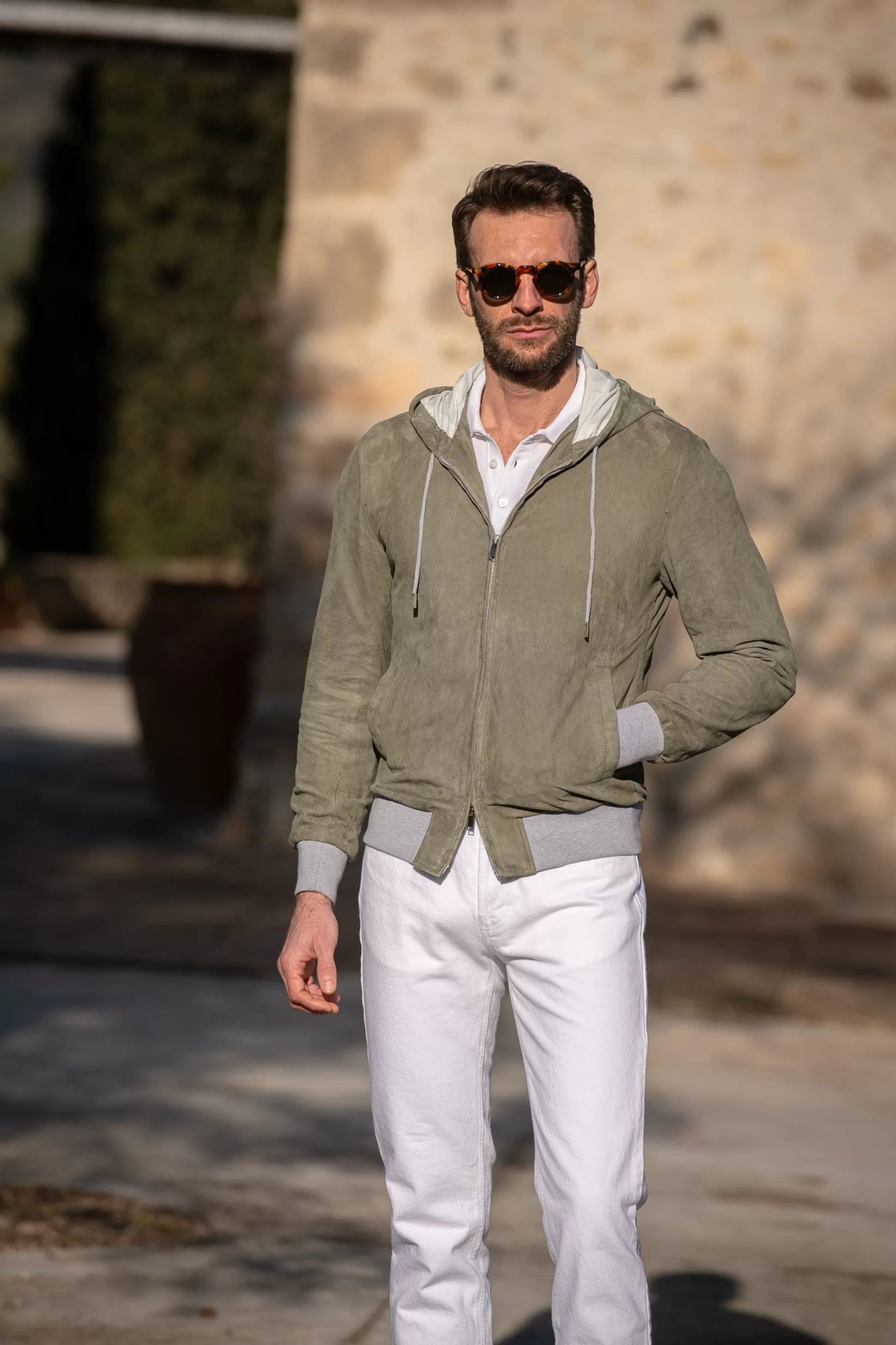 Sage Suede Hooded Bomber Jacket – Made In Italy | Pini Parma Fashion