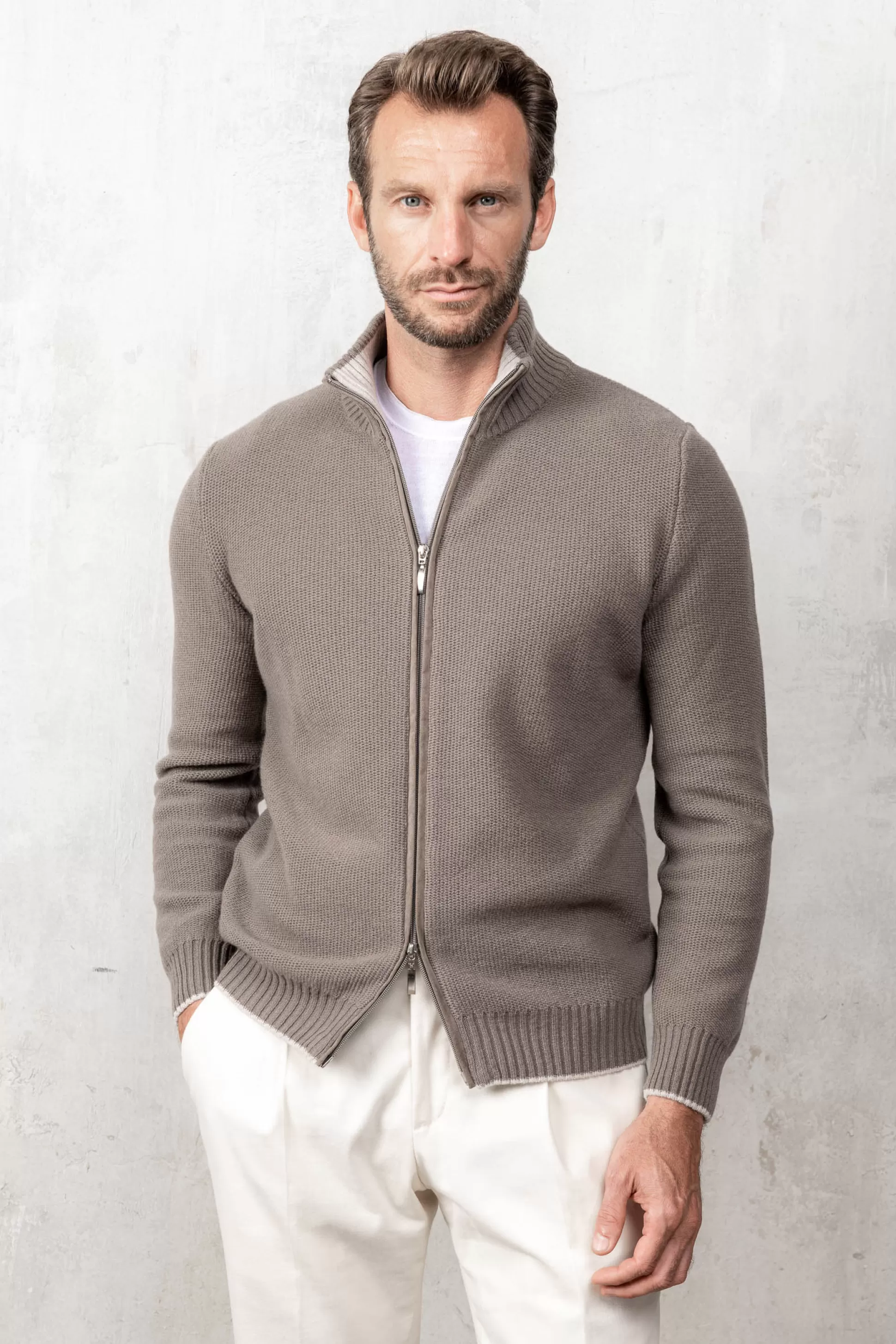 Taupe Honeycomb Cashmere Blend Full Zip – Made In Italy | Pini Parma Clearance