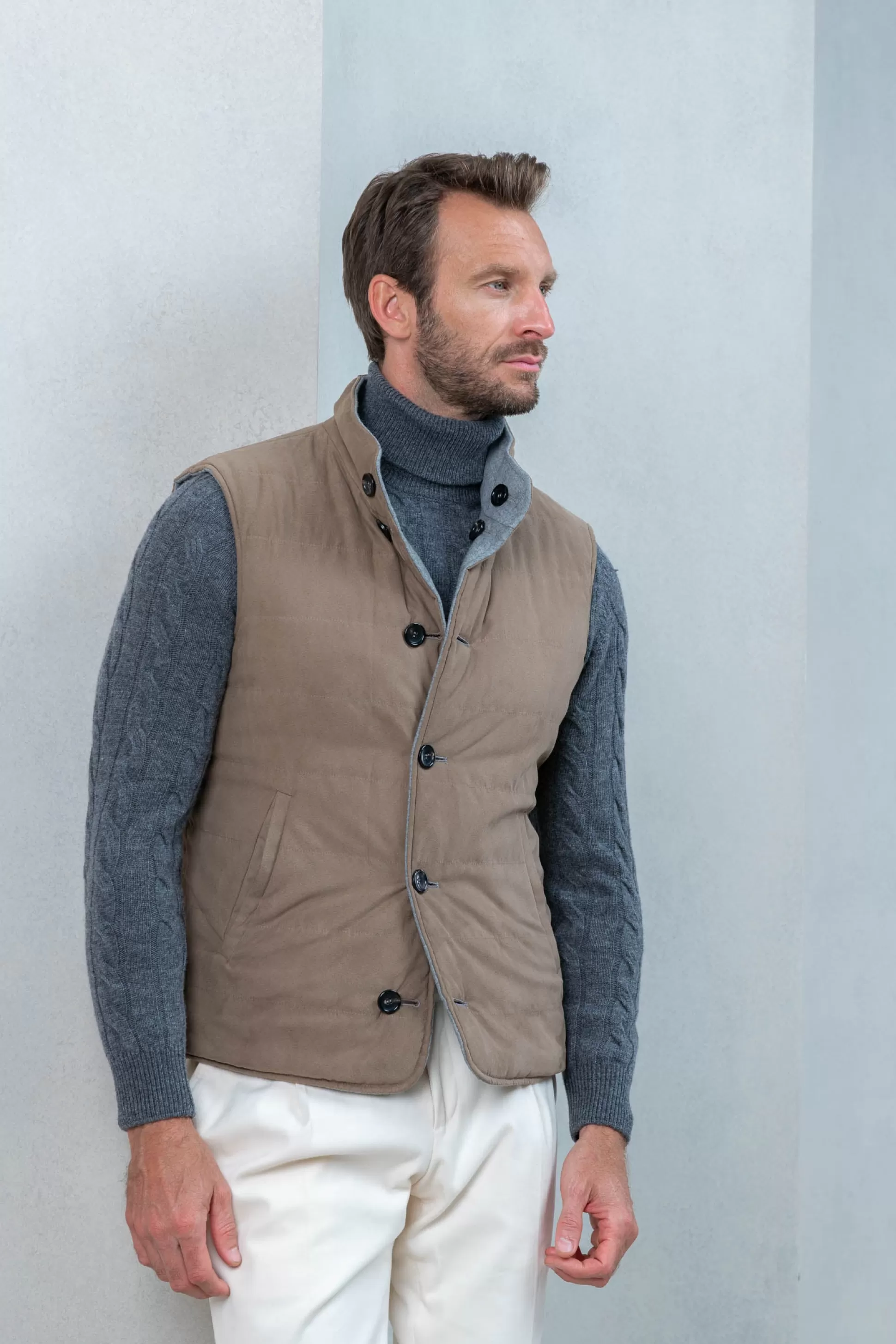 Taupe Reversible Vest In Loro Piana Wool With Rain System®– Made In Italy | Pini Parma New