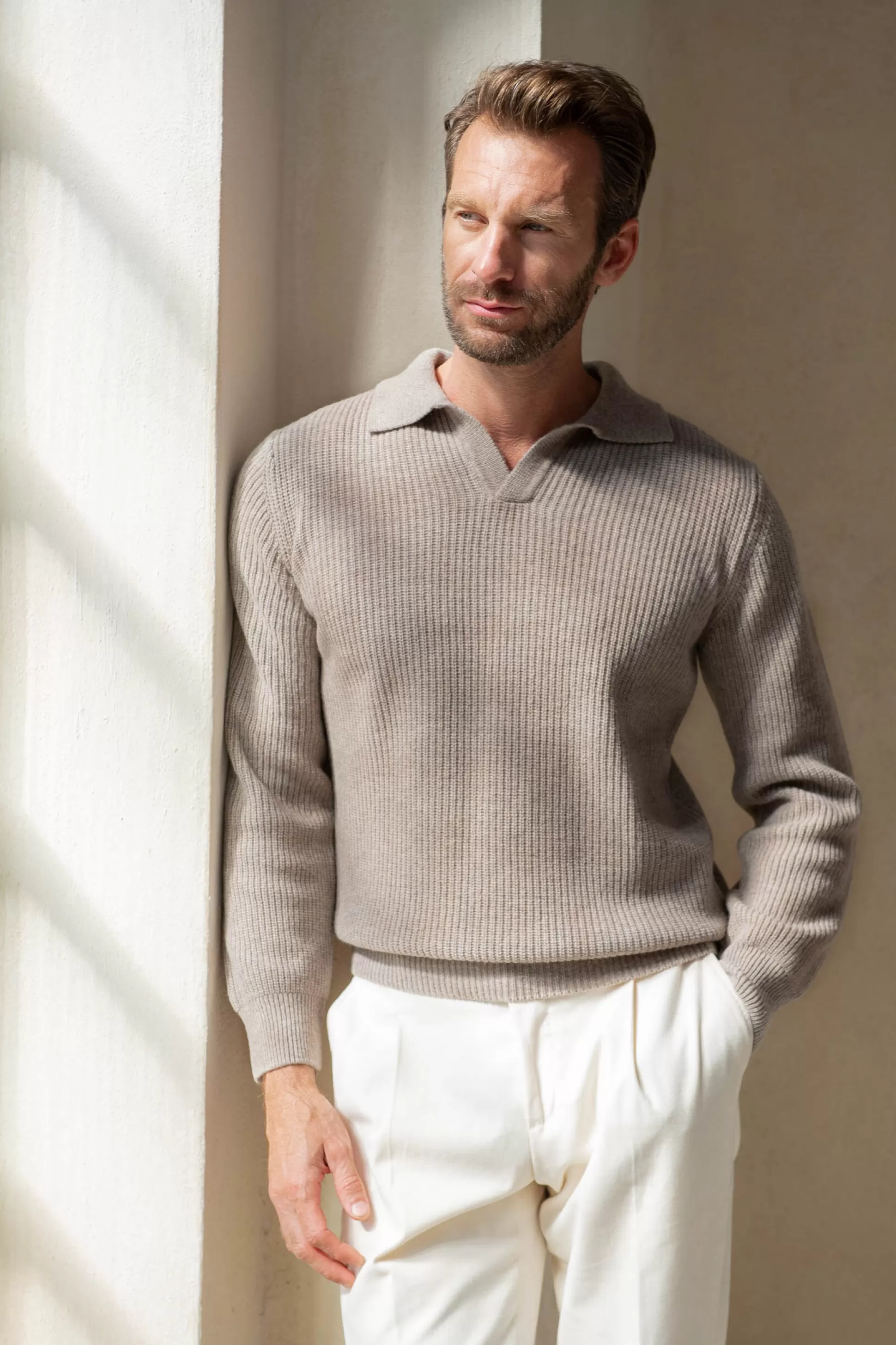 Taupe Ribbed Cashmere Blend Polo – Made In Italy | Pini Parma Discount