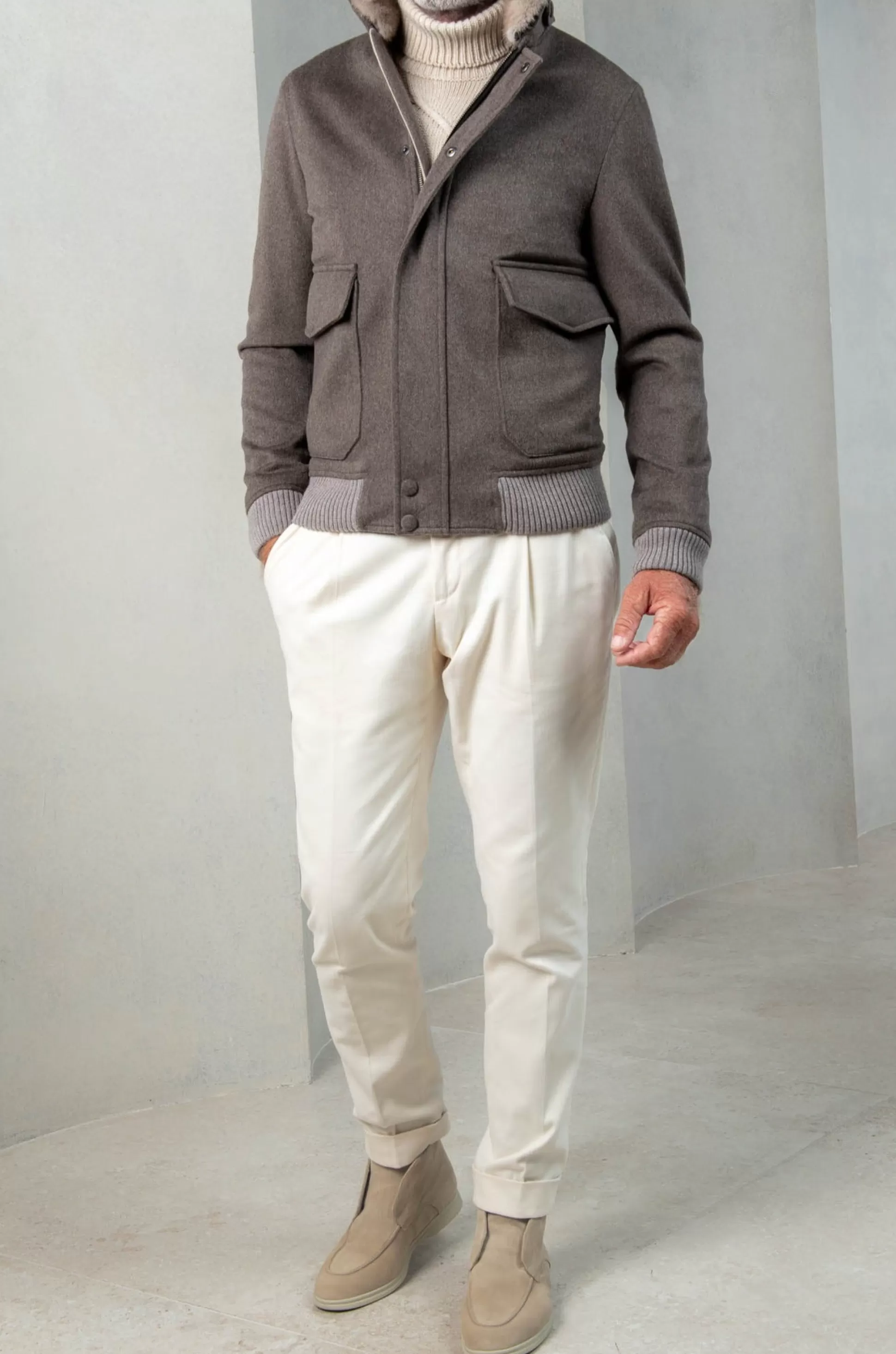 Taupe Short Coat With Removable Shearling Collar – Made In Italy | Pini Parma Best