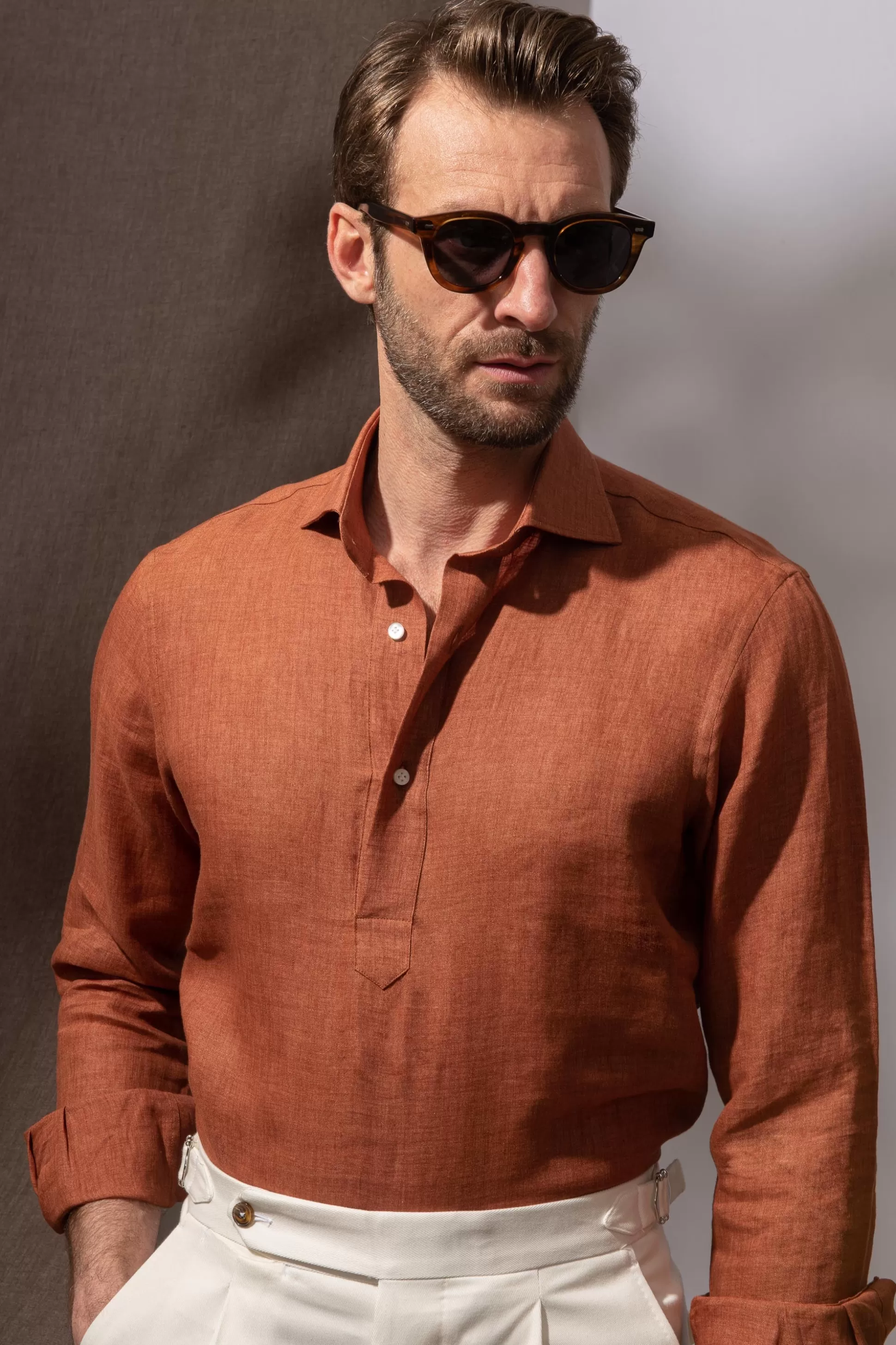 Terracotta Linen Popover Shirt - Made In Italy | Pini Parma Cheap