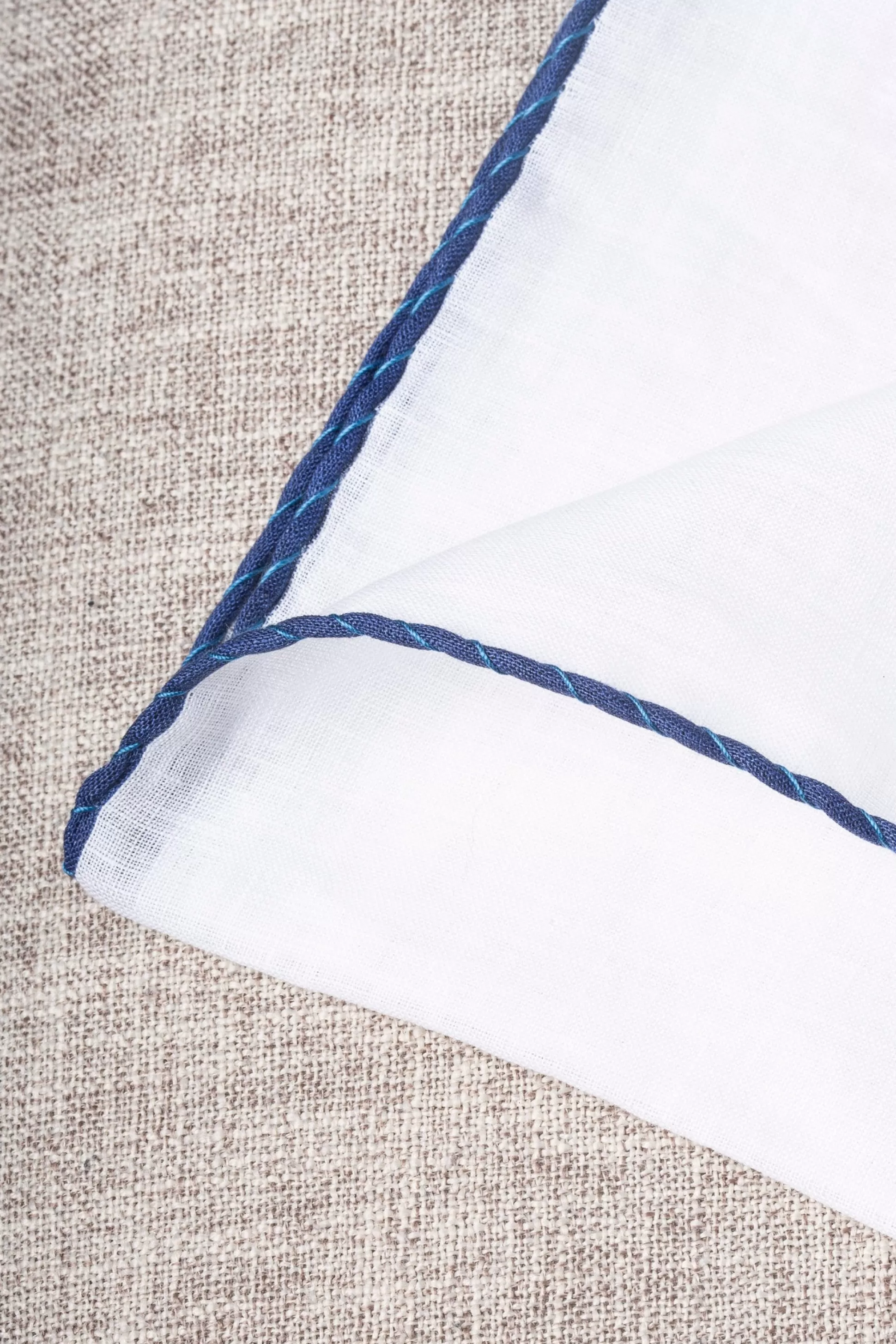 White Linen Pocket Square With Blue And Light Blue Edges - Made In Italy | Pini Parma Shop