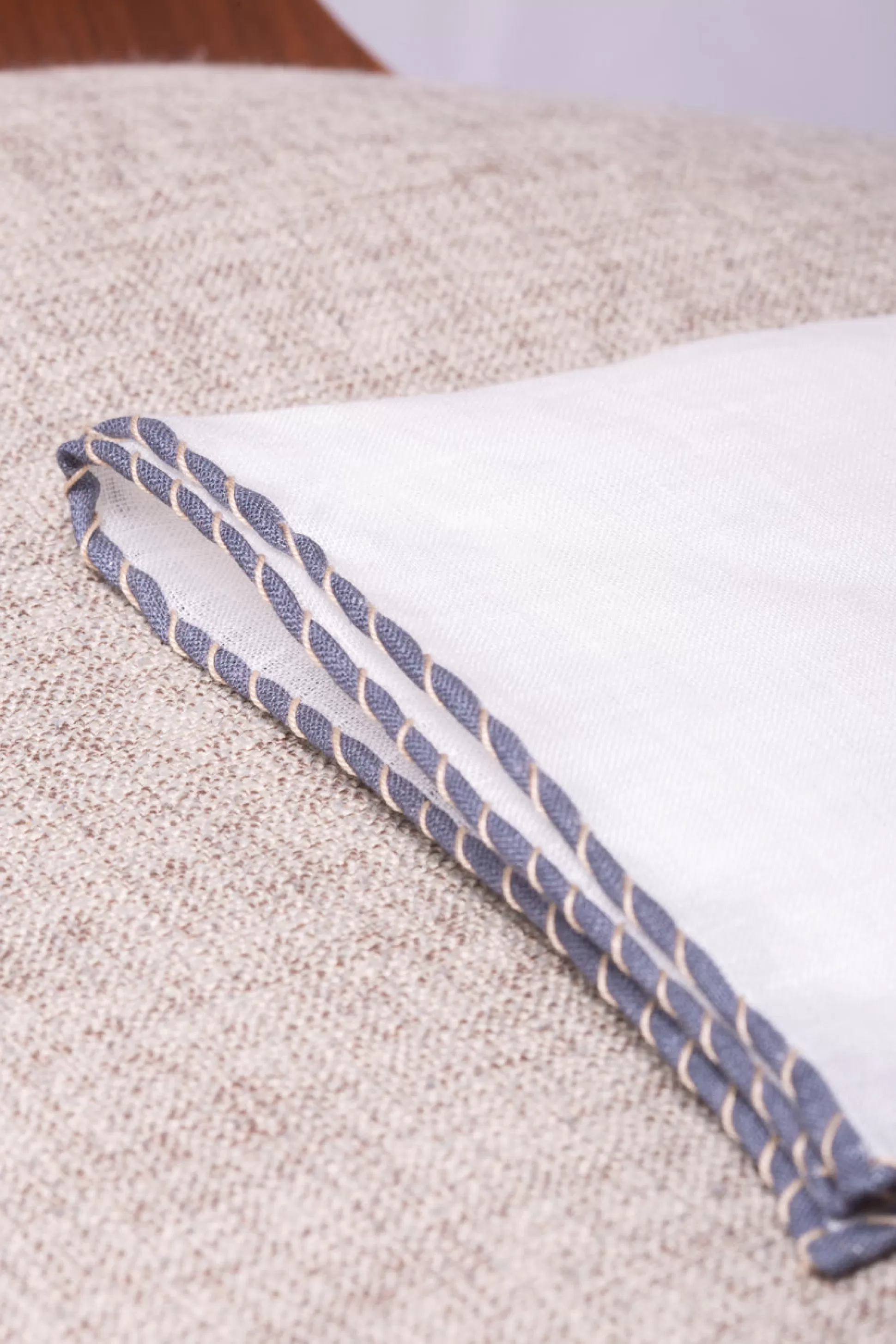 White Linen Pocket Square With Grey And Beige Edges - Made In Italy | Pini Parma New