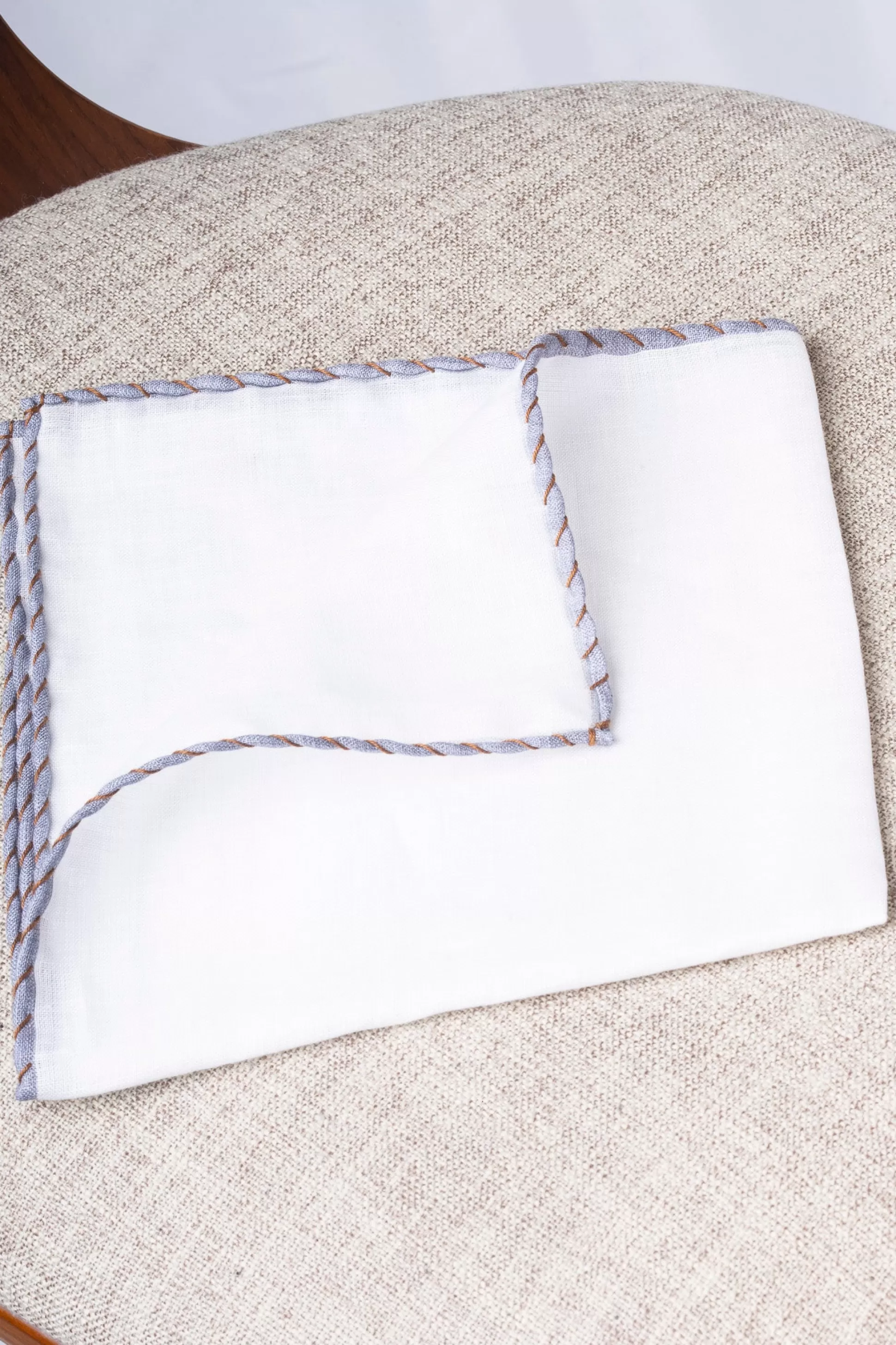 White Linen Pocket Square With Grey And Cognac Edges - Made In Italy | Pini Parma Discount