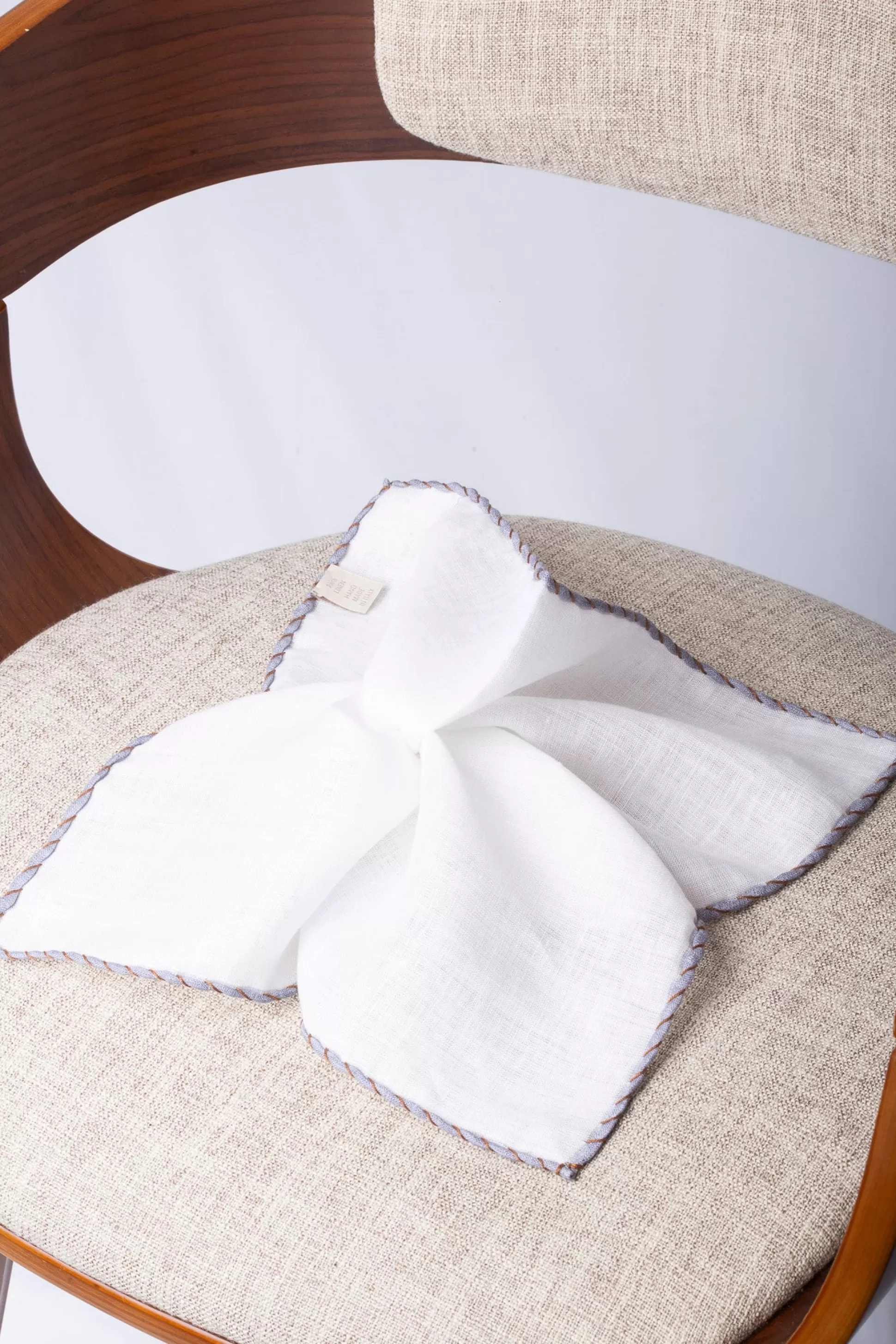 White Linen Pocket Square With Grey And Cognac Edges - Made In Italy | Pini Parma Discount