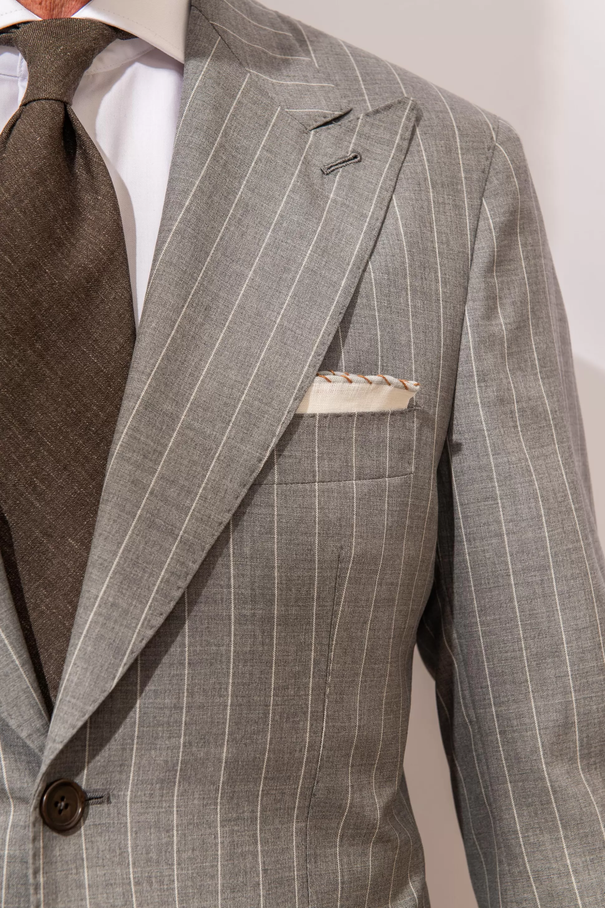 White Linen Pocket Square With Grey And Cognac Edges - Made In Italy | Pini Parma Discount