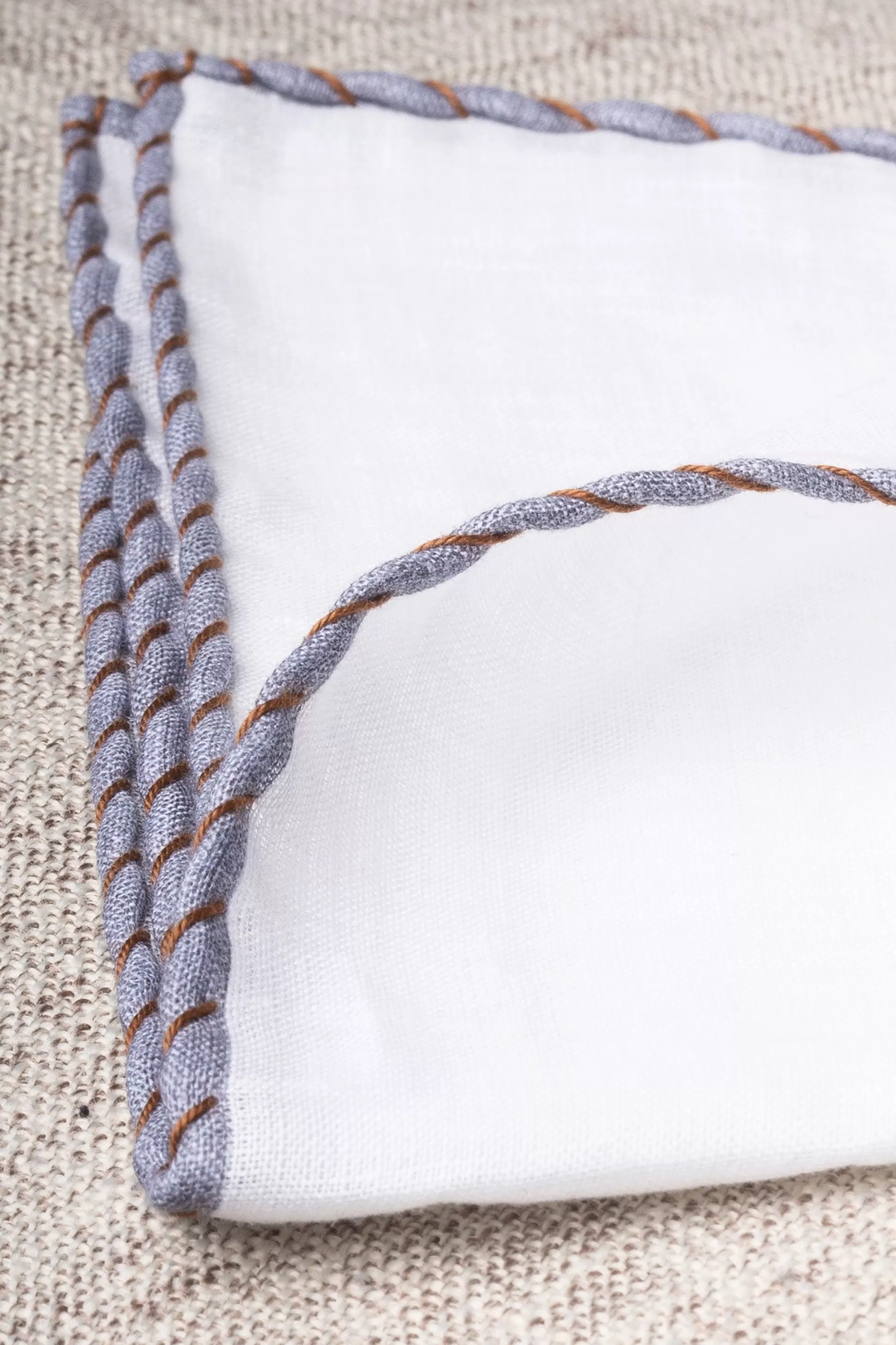 White Linen Pocket Square With Grey And Cognac Edges - Made In Italy | Pini Parma Discount